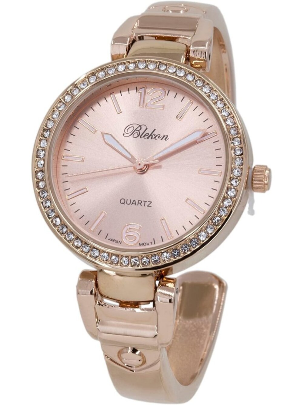 Women's Rose Gold Analog Quartz hinged Pearl Cuff Rhinestones Bracelet Watch